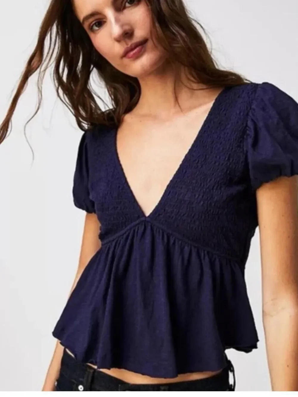 NWT FREE PEOPLE Charolette Top – Navy Blue Smocked Puff Sleeve Blouse | Size L
